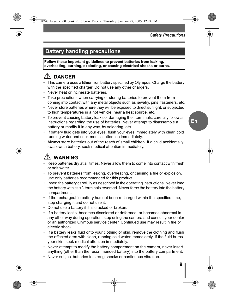 Battery handling precautions | Olympus Stylus Verve S User Manual | Page 9 / 124
