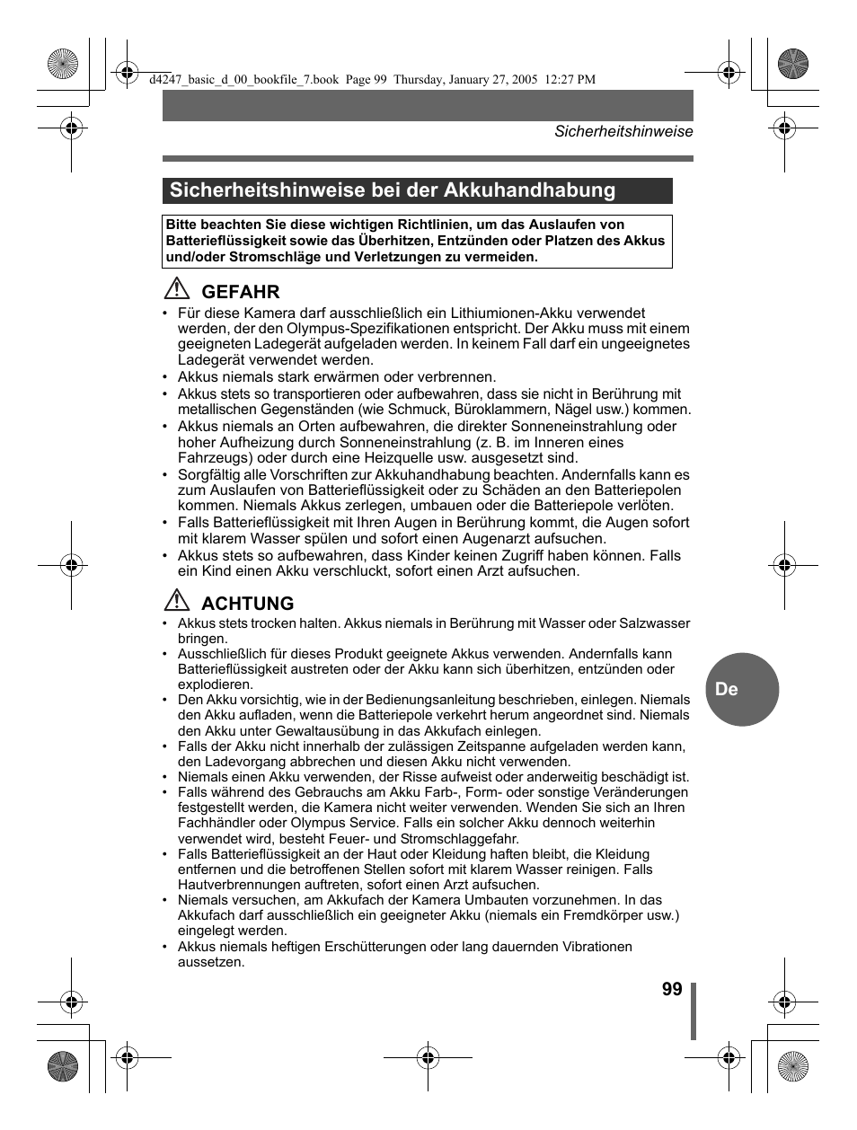 Sicherheitshinweise bei der akkuhandhabung, De 99 gefahr, Achtung | Olympus Stylus Verve S User Manual | Page 99 / 124