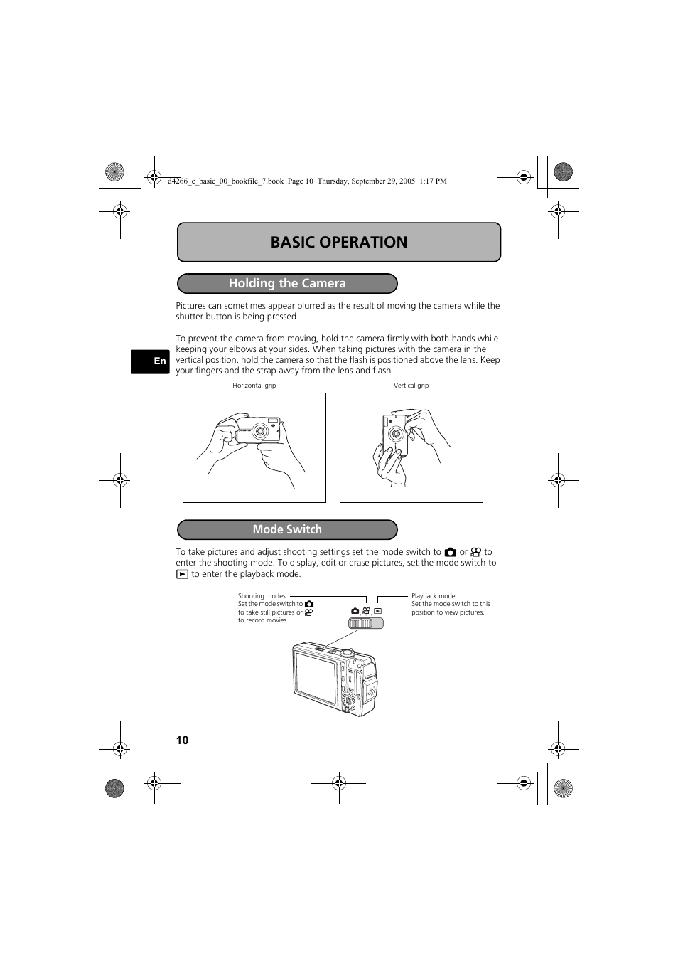 Basic operation, Holding the camera mode switch | Olympus SP-700 User Manual | Page 10 / 84