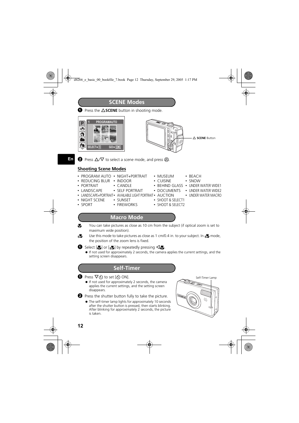 Scene modes, Macro mode self-timer | Olympus SP-700 User Manual | Page 12 / 84