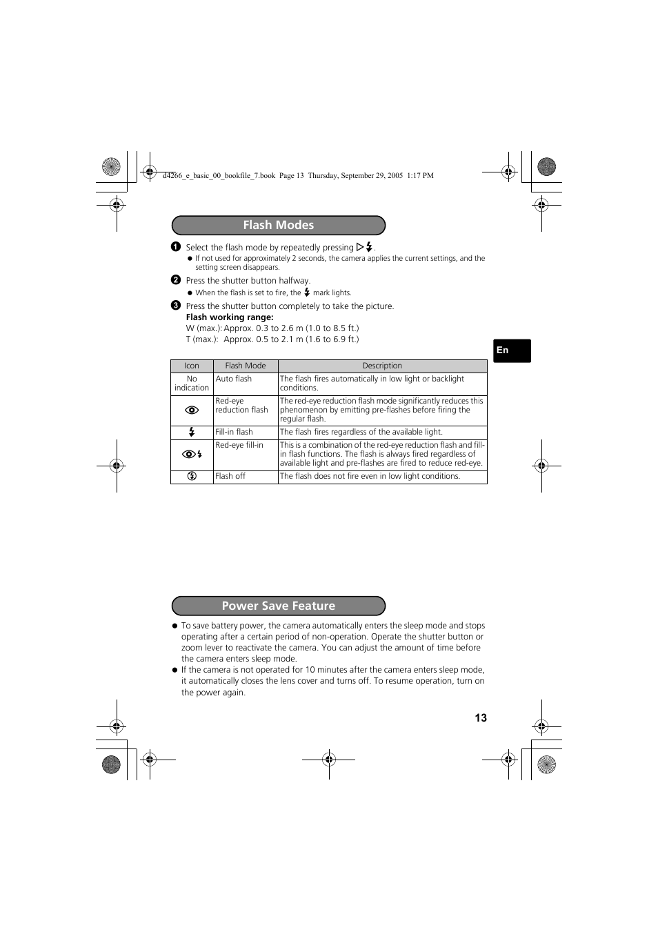 Flash modes power save feature | Olympus SP-700 User Manual | Page 13 / 84