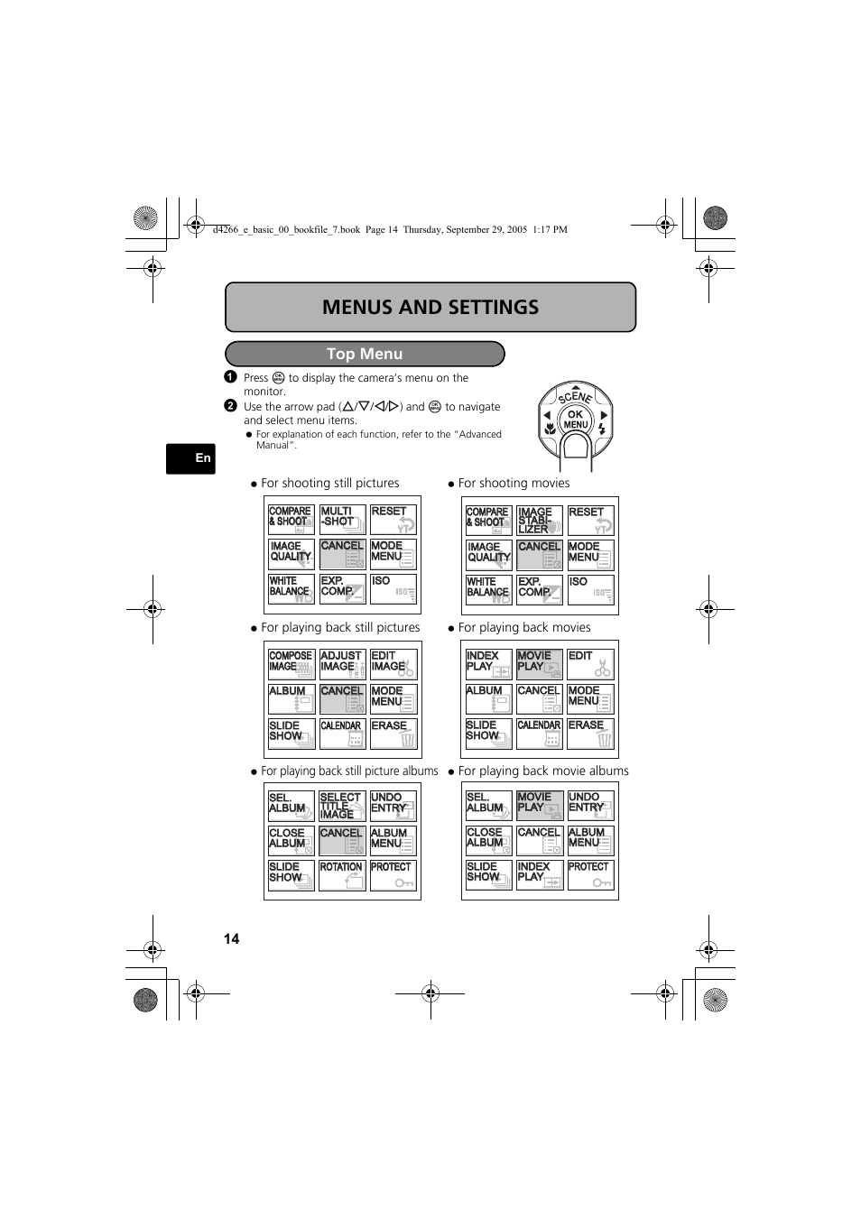 Menus and settings, Top menu | Olympus SP-700 User Manual | Page 14 / 84