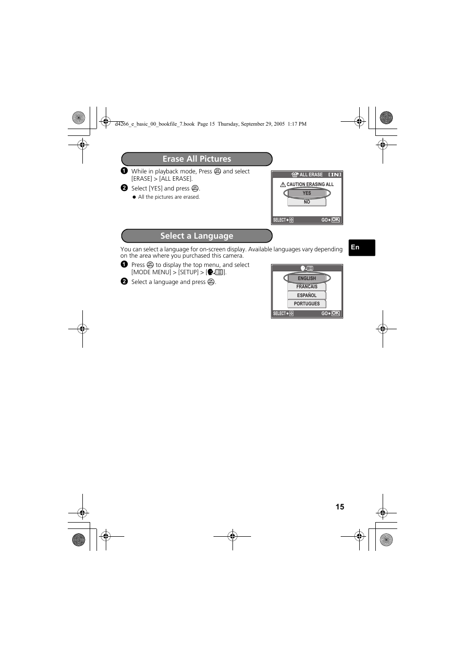 Erase all pictures, Select a language | Olympus SP-700 User Manual | Page 15 / 84
