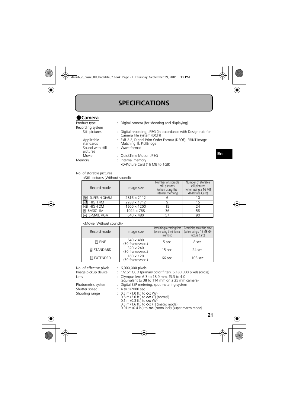 Specifications, Camera | Olympus SP-700 User Manual | Page 21 / 84