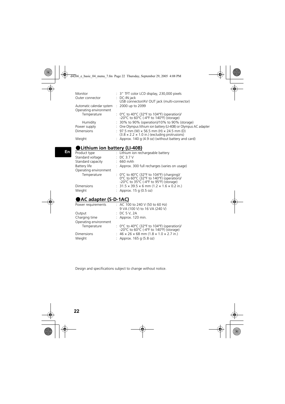 Lithium ion battery (li-40b), Ac adapter (s-d-1ac) | Olympus SP-700 User Manual | Page 22 / 84