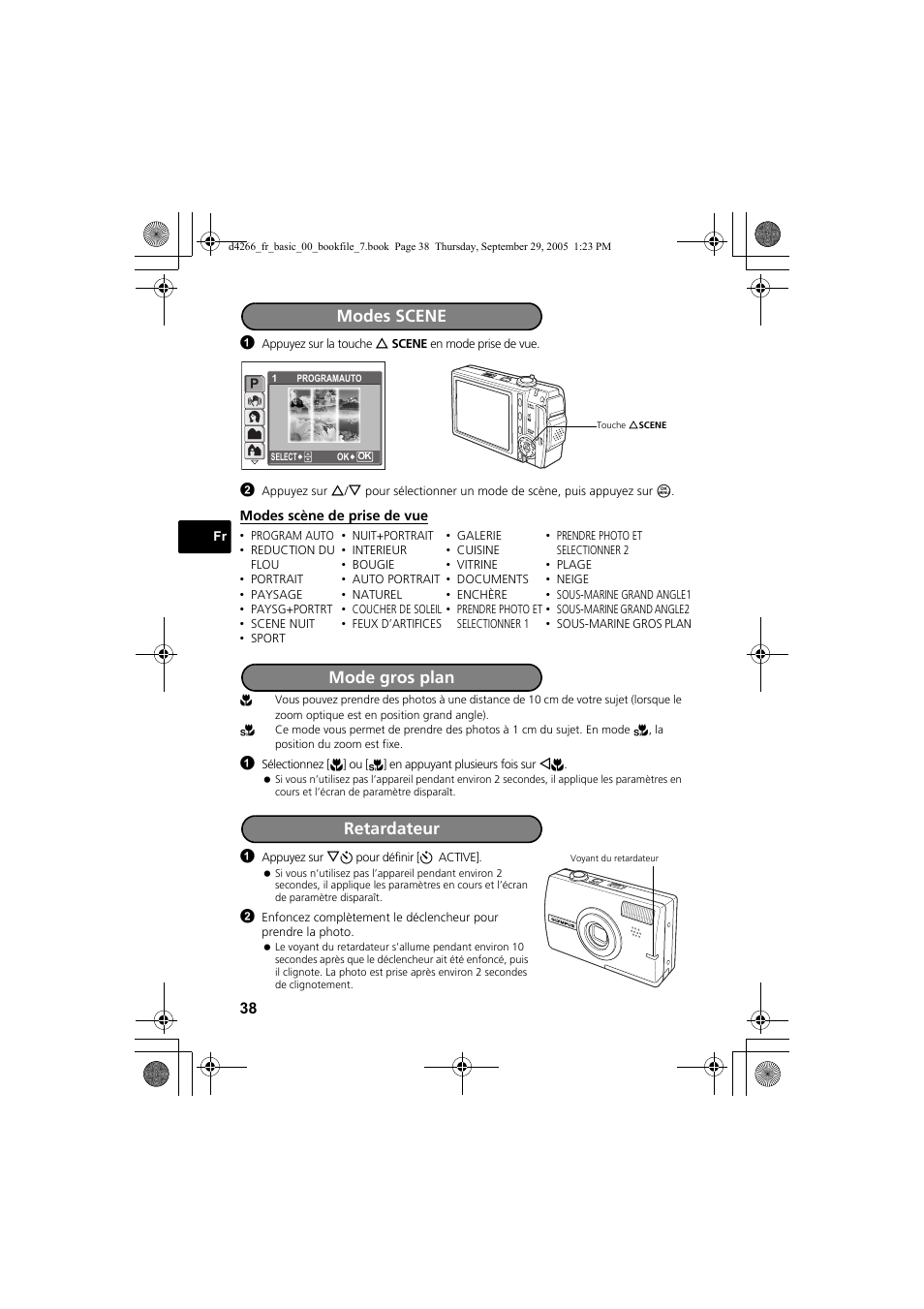 Modes scene, Mode gros plan retardateur | Olympus SP-700 User Manual | Page 38 / 84