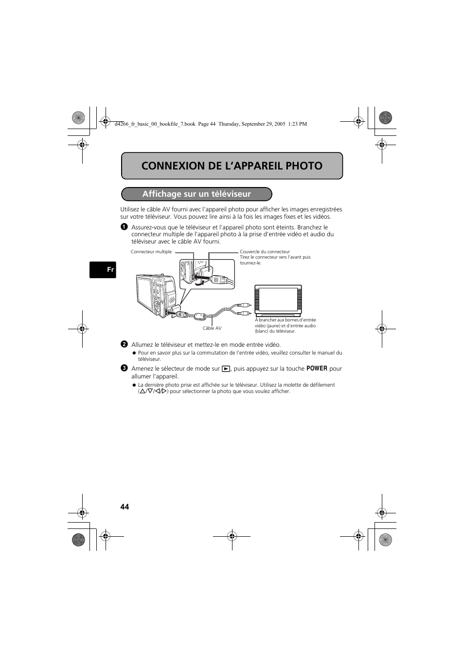 Connexion de l’appareil photo, Affichage sur un téléviseur | Olympus SP-700 User Manual | Page 44 / 84