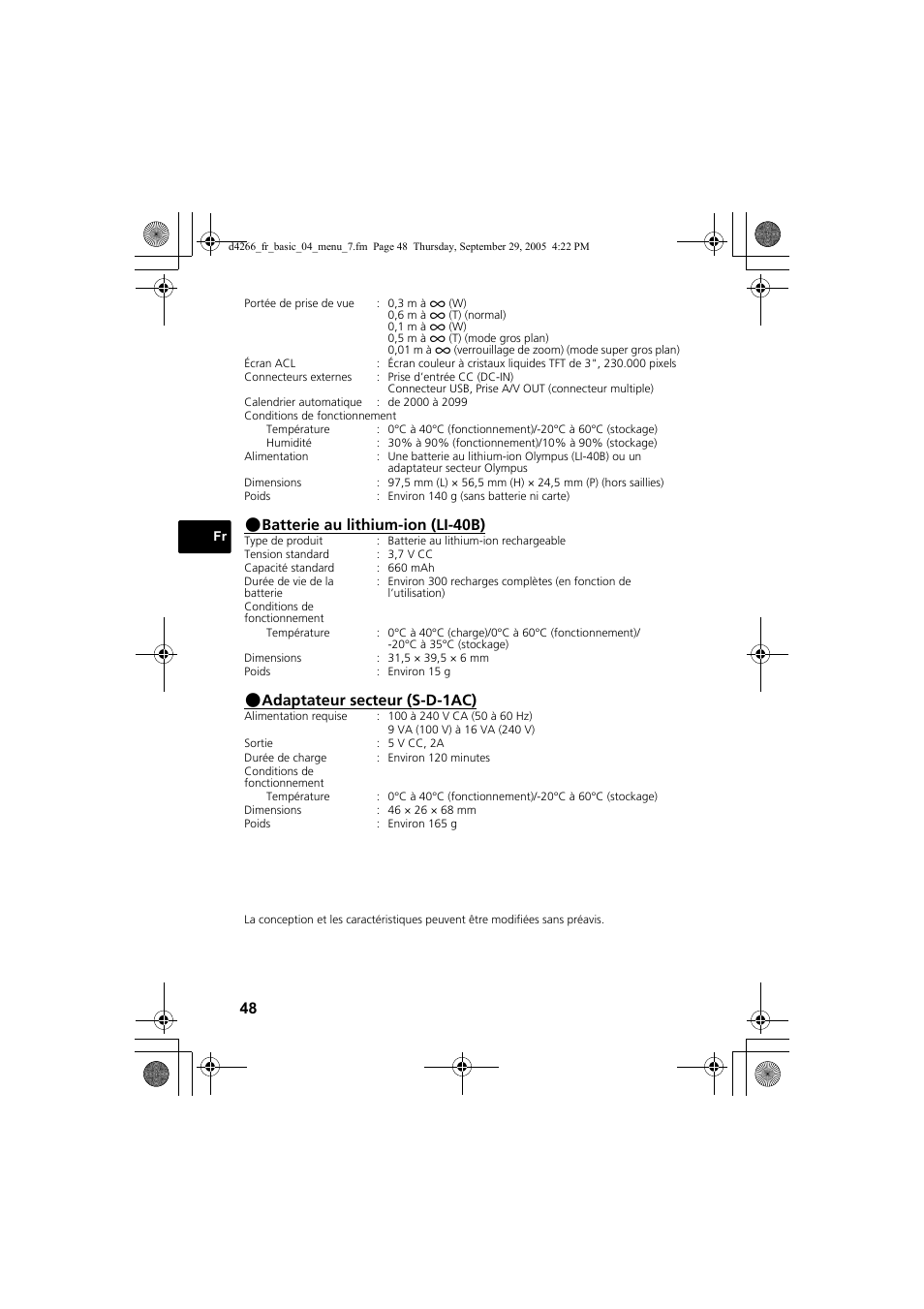 Batterie au lithium-ion (li-40b), Adaptateur secteur (s-d-1ac) | Olympus SP-700 User Manual | Page 48 / 84