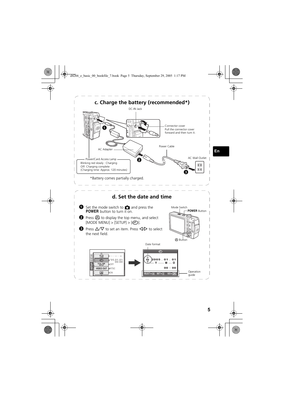 C. charge the battery (recommended*), D. set the date and time | Olympus SP-700 User Manual | Page 5 / 84