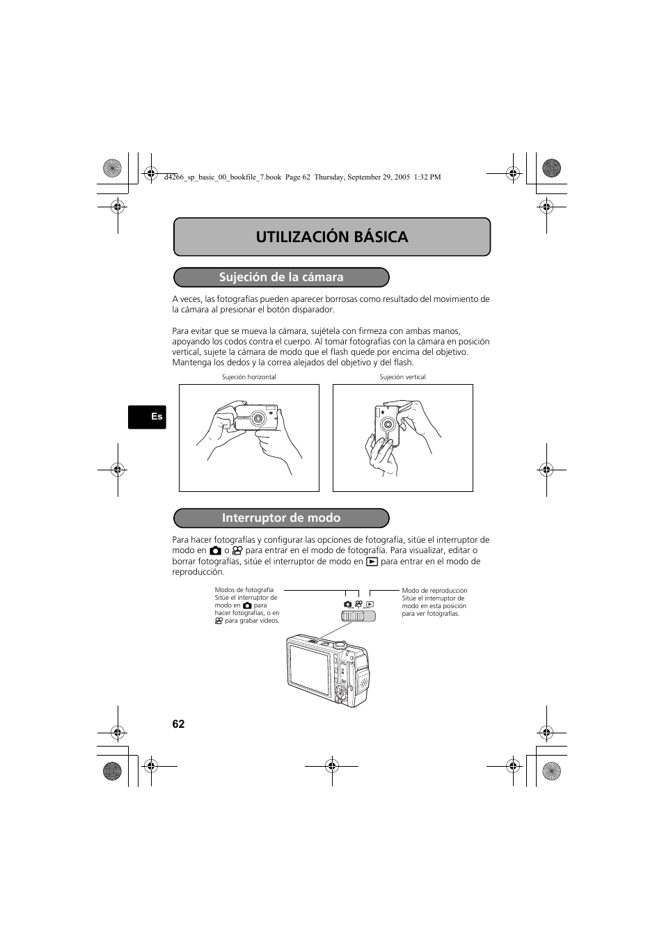 Utilización básica, Sujeción de la cámara interruptor de modo | Olympus SP-700 User Manual | Page 62 / 84