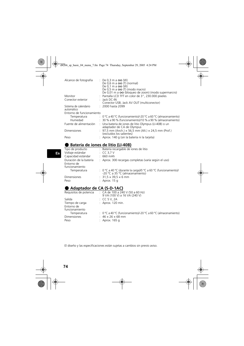Batería de iones de litio (li-40b), Adaptador de ca (s-d-1ac) | Olympus SP-700 User Manual | Page 74 / 84