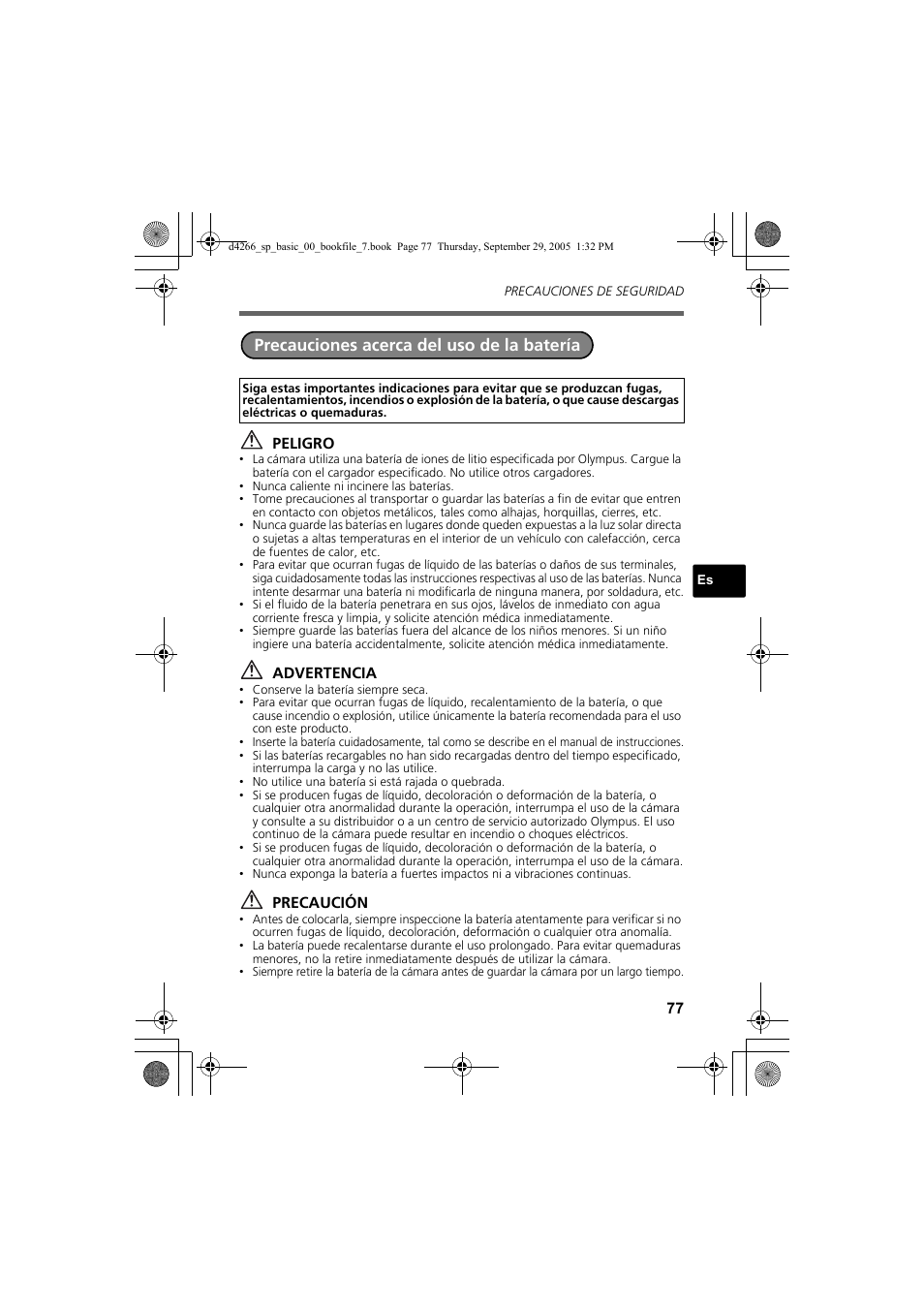 Precauciones acerca del uso de la batería, Peligro, Advertencia | Precaución | Olympus SP-700 User Manual | Page 77 / 84