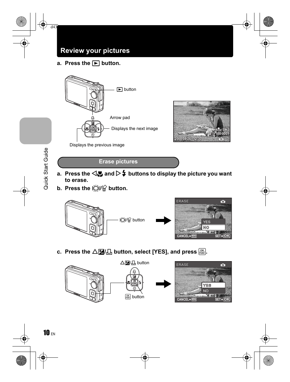 Review your pictures, Erase pictures, Quick start guide | Olympus FE-350 User Manual | Page 10 / 68