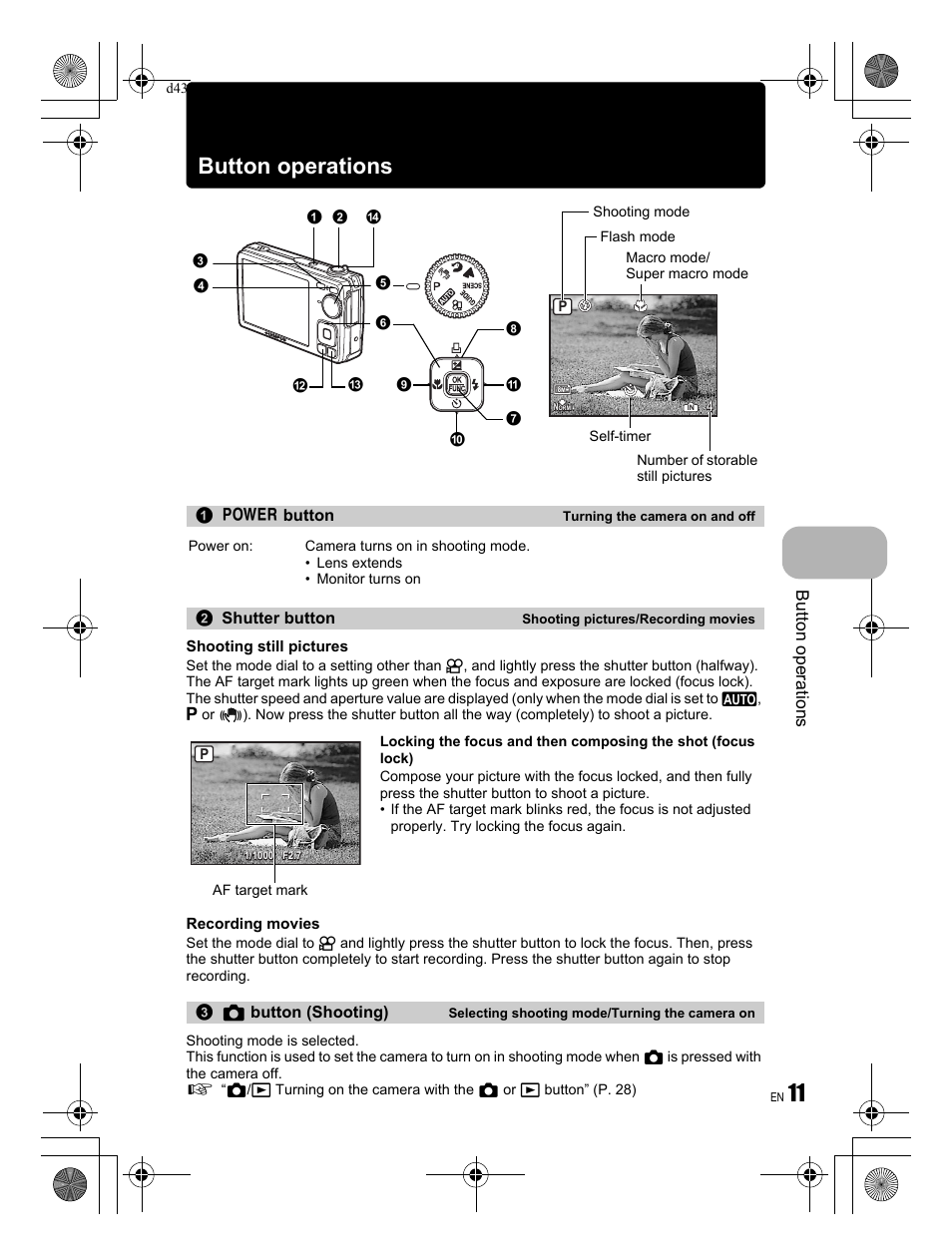11 button operations, Button operati o ns | Olympus FE-350 User Manual | Page 11 / 68