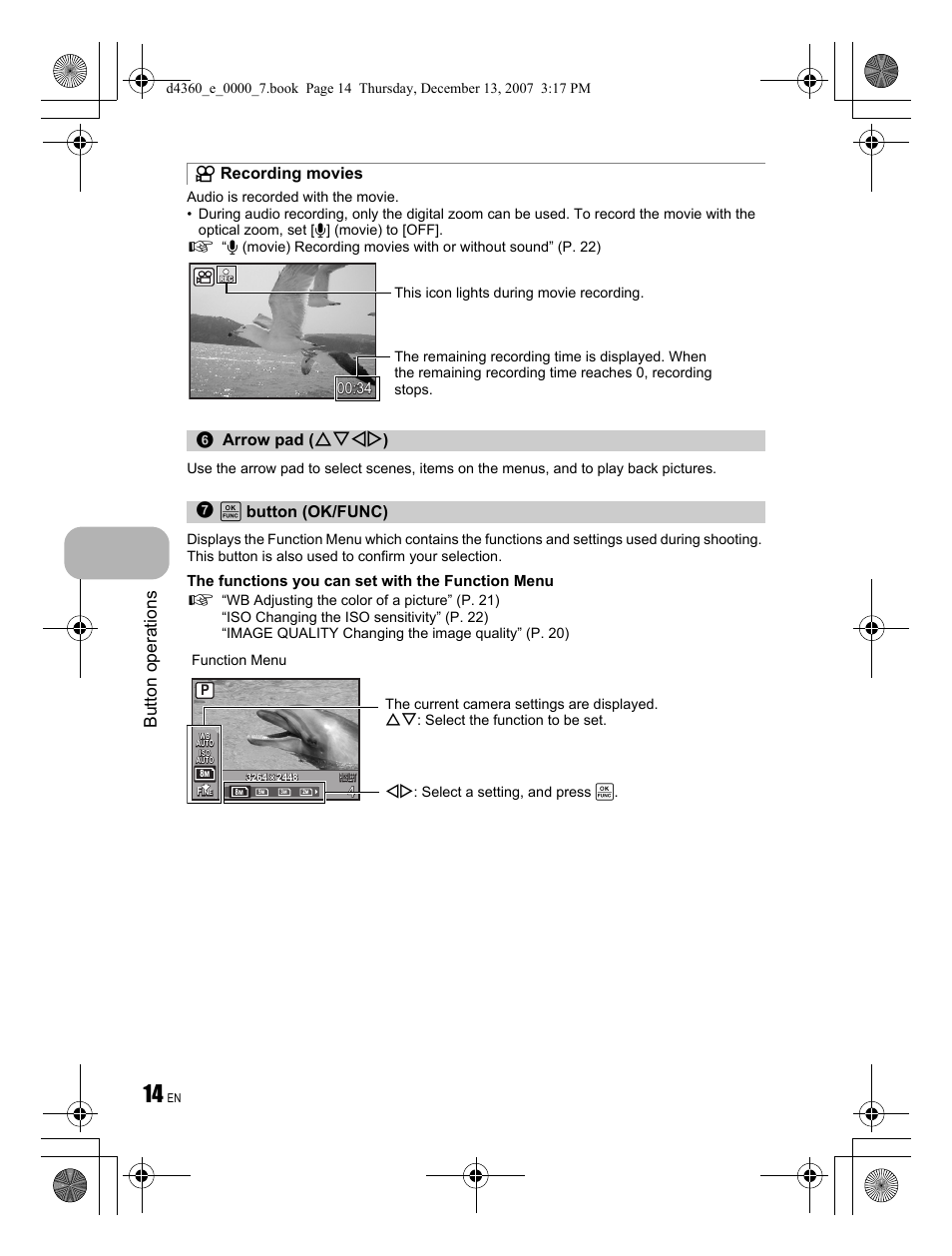 Button operations, The functions you can set with the function menu | Olympus FE-350 User Manual | Page 14 / 68
