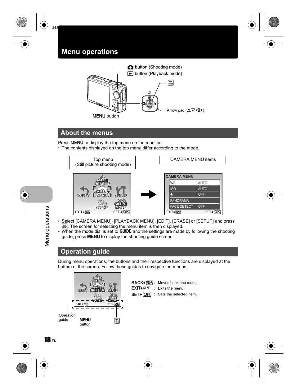 About the menus operation guide, Menu operations | Olympus FE-350 User Manual | Page 18 / 68