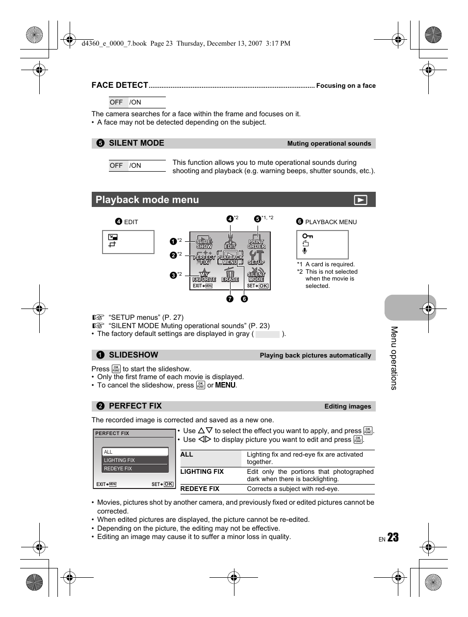 Playback mode menu q, Menu operations, Face detect | Silent mode, Slideshow, Perfect fix | Olympus FE-350 User Manual | Page 23 / 68