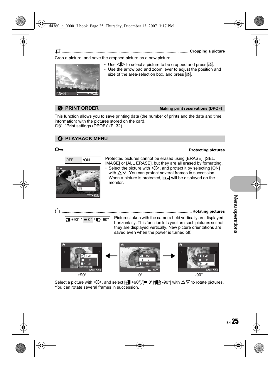 Menu operations, Print order, Playback menu 0 | Olympus FE-350 User Manual | Page 25 / 68