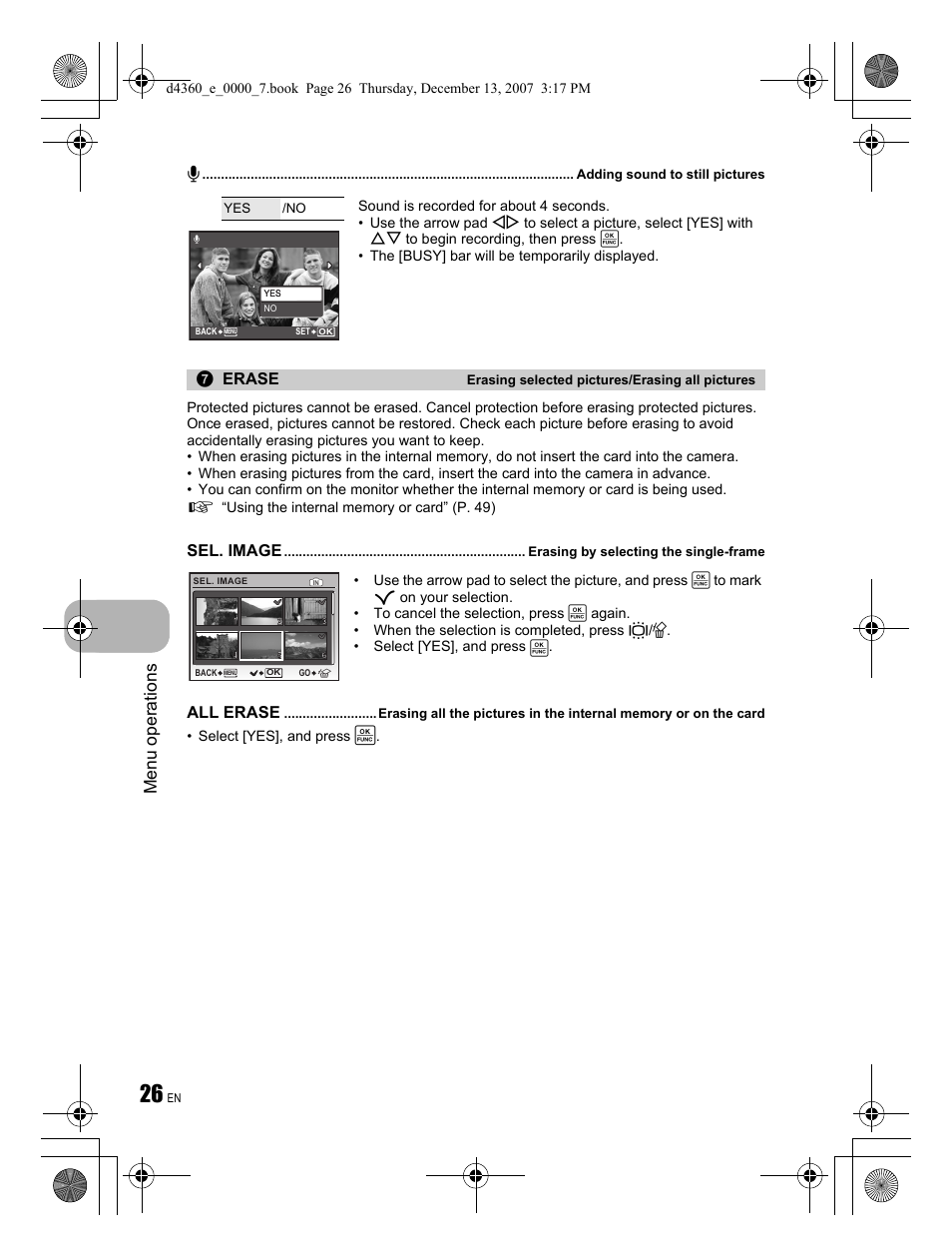 Menu operations, Erase, Sel. image | All erase | Olympus FE-350 User Manual | Page 26 / 68