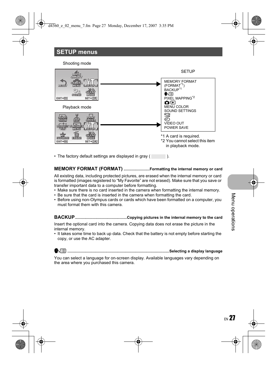 Setup menus, Menu operations, Backup | Playback mode shooting mode | Olympus FE-350 User Manual | Page 27 / 68
