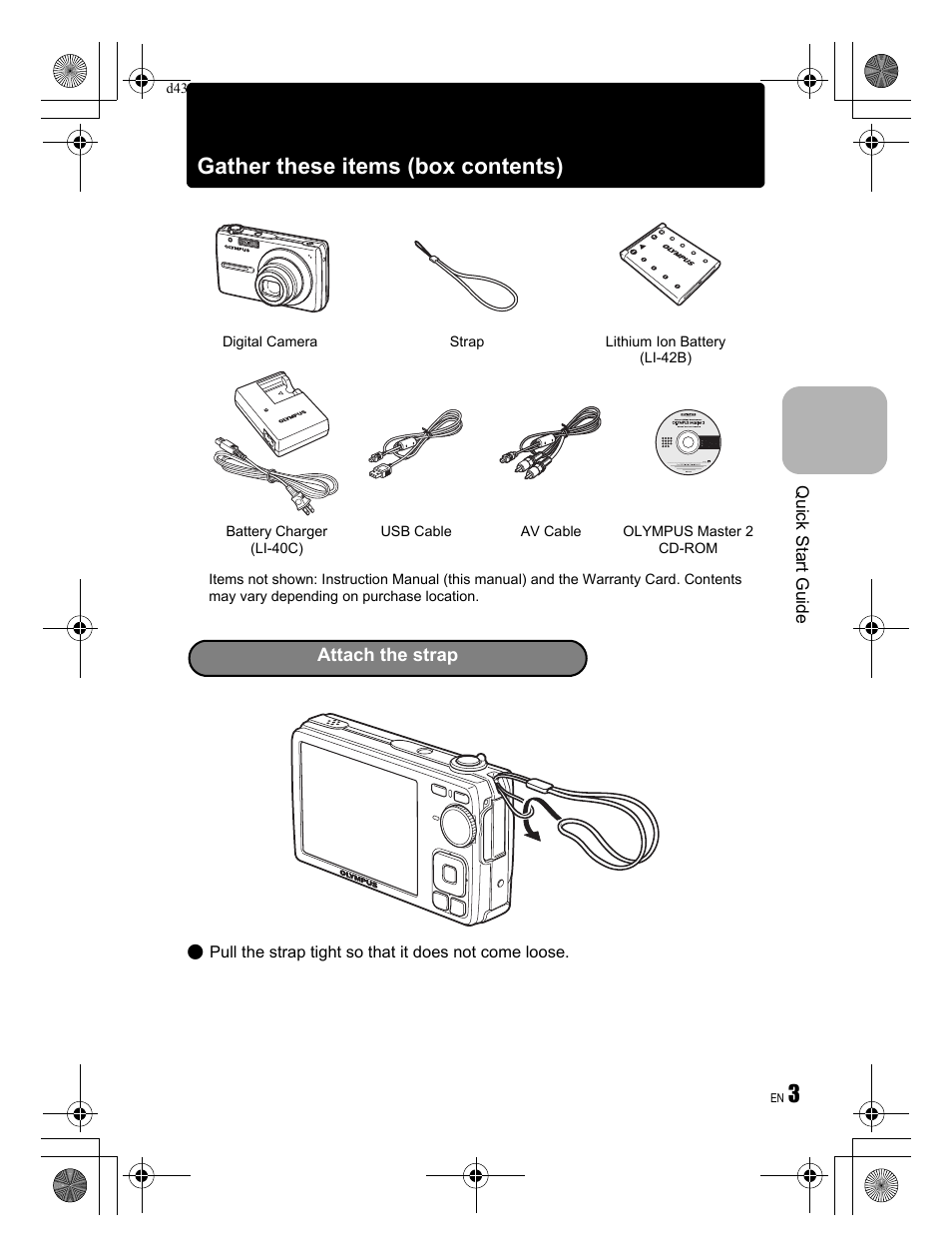 3gather these items (box contents) | Olympus FE-350 User Manual | Page 3 / 68