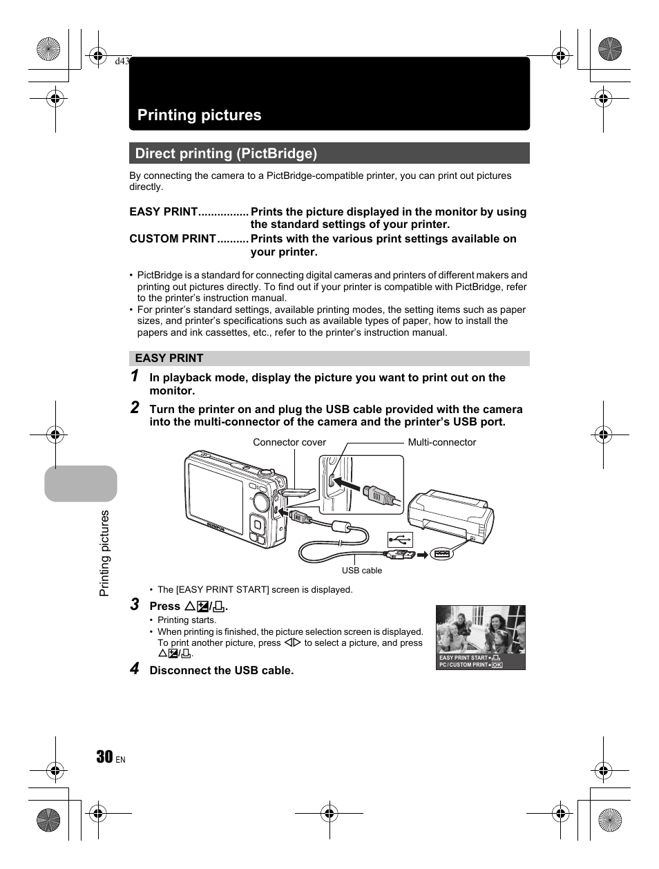 Printing pictures, Direct printing (pictbridge) | Olympus FE-350 User Manual | Page 30 / 68