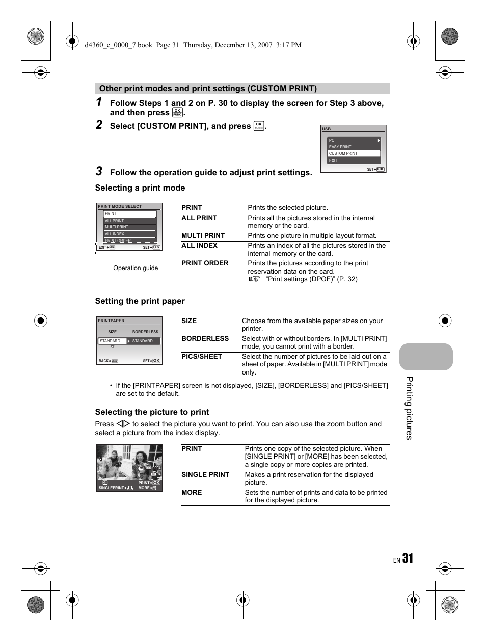 Printing pi ctures, Select [custom print], and press | Olympus FE-350 User Manual | Page 31 / 68