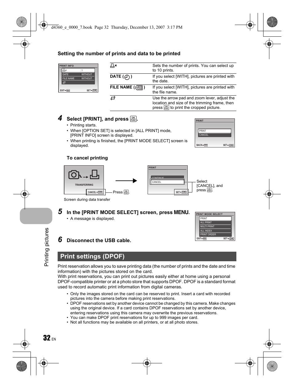 Print settings (dpof), Printing pictures, Select [print], and press | Disconnect the usb cable | Olympus FE-350 User Manual | Page 32 / 68
