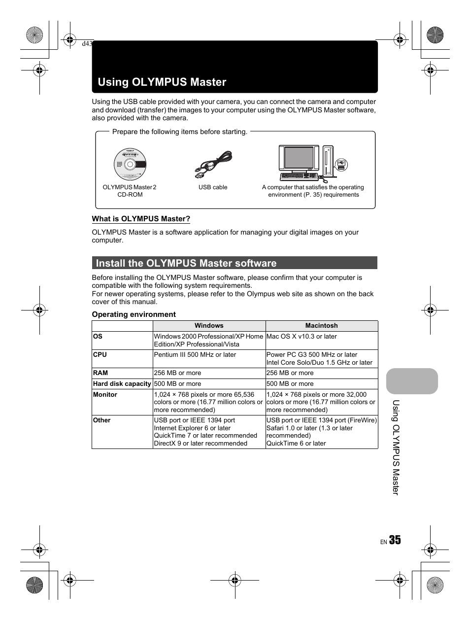 35 using olympus master, Install the olympus master software | Olympus FE-350 User Manual | Page 35 / 68