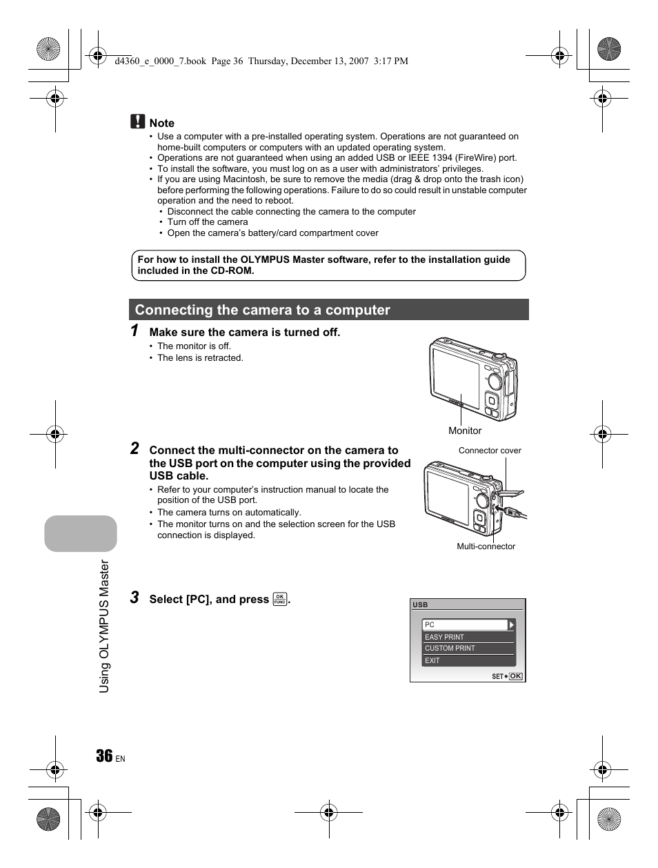 Connecting the camera to a computer | Olympus FE-350 User Manual | Page 36 / 68