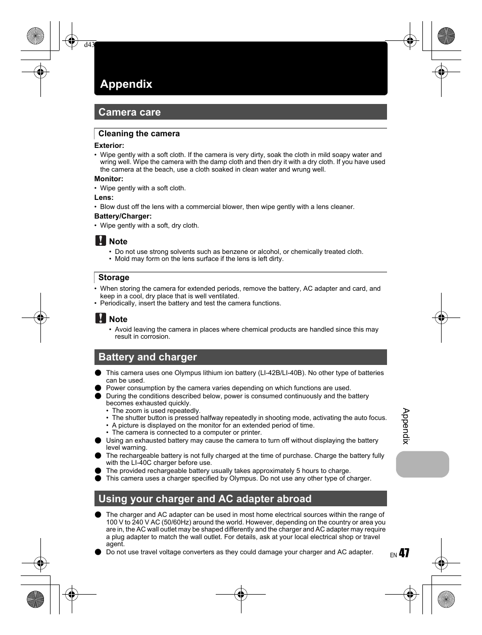 47 appendix, Camera care | Olympus FE-350 User Manual | Page 47 / 68