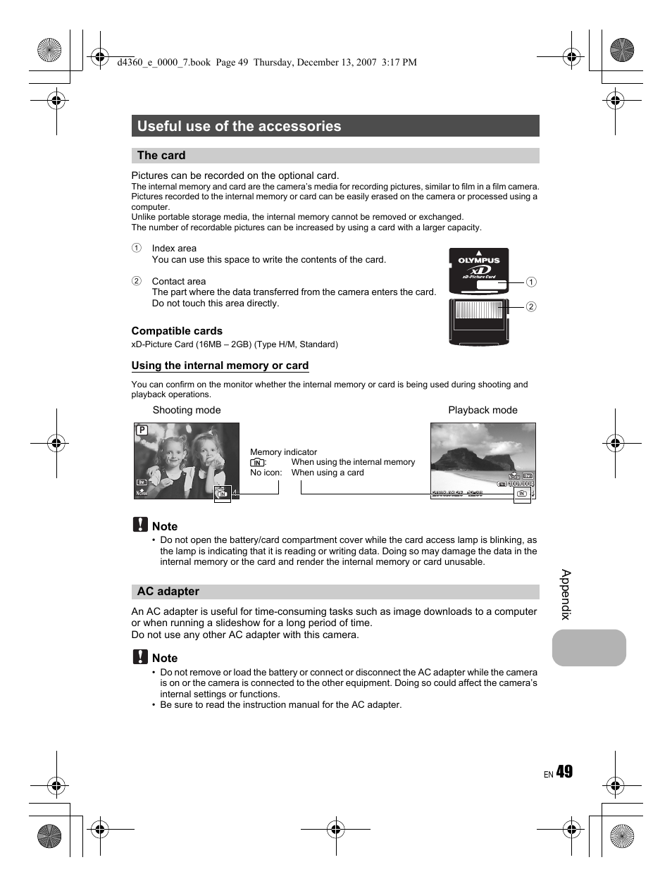 Useful use of the accessories, Appendix, The card ac adapter | Compatible cards | Olympus FE-350 User Manual | Page 49 / 68