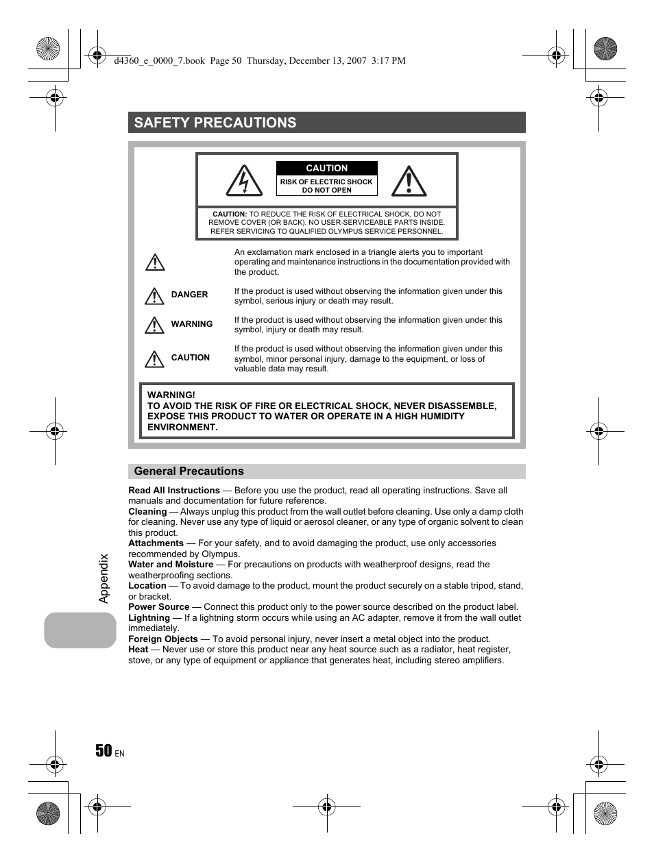 Safety precautions, Appendix | Olympus FE-350 User Manual | Page 50 / 68