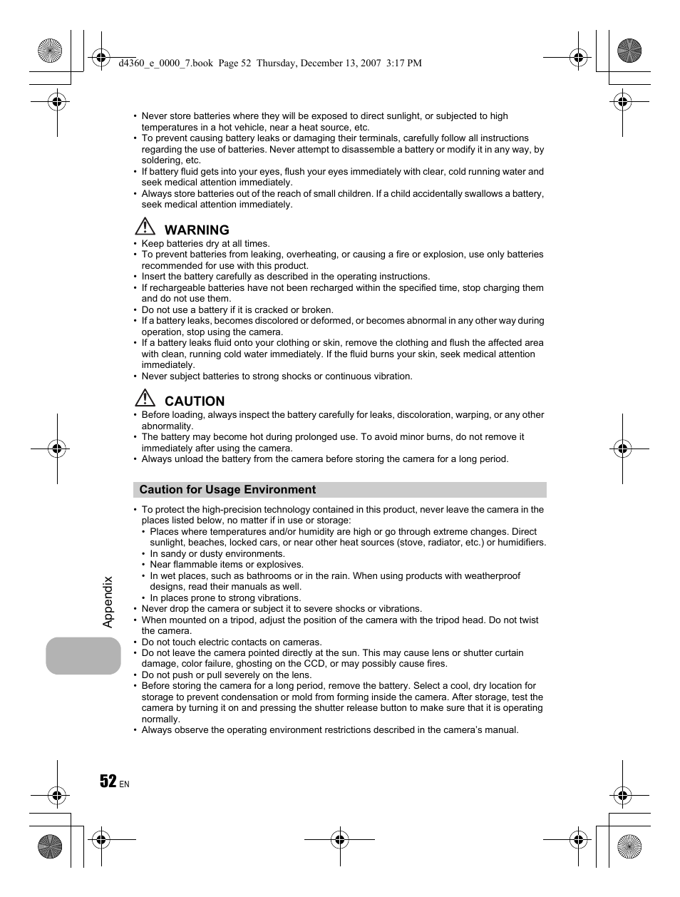 Warning, Caution | Olympus FE-350 User Manual | Page 52 / 68