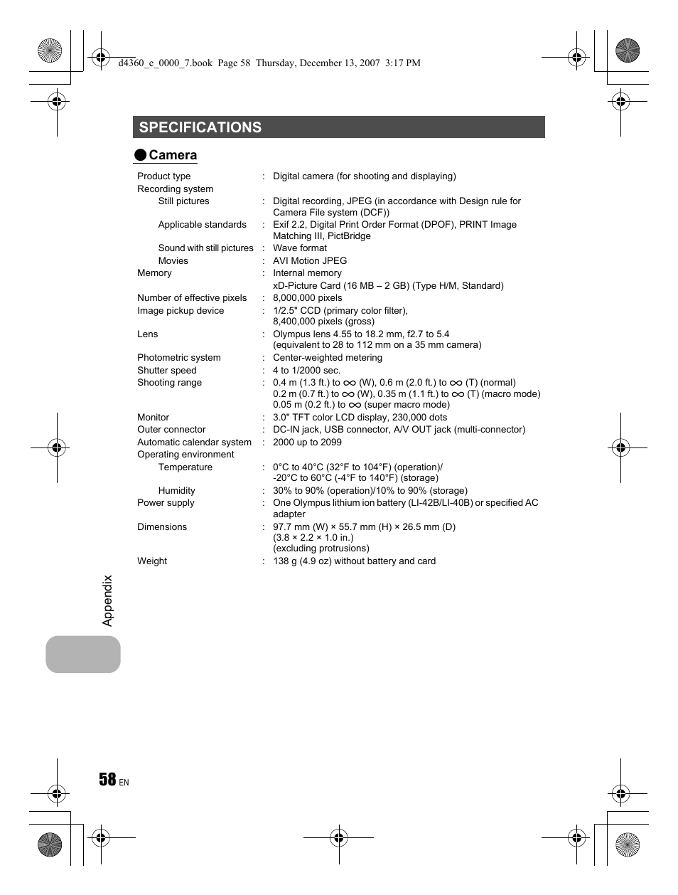 Specifications, Camera, Appendix | Olympus FE-350 User Manual | Page 58 / 68