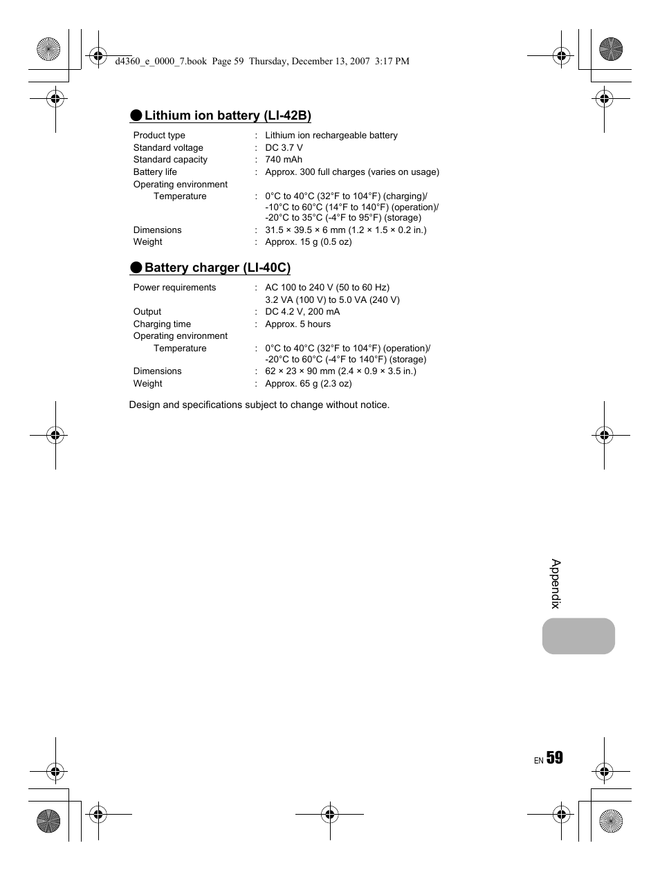 Lithium ion battery (li-42b), Battery charger (li-40c) | Olympus FE-350 User Manual | Page 59 / 68