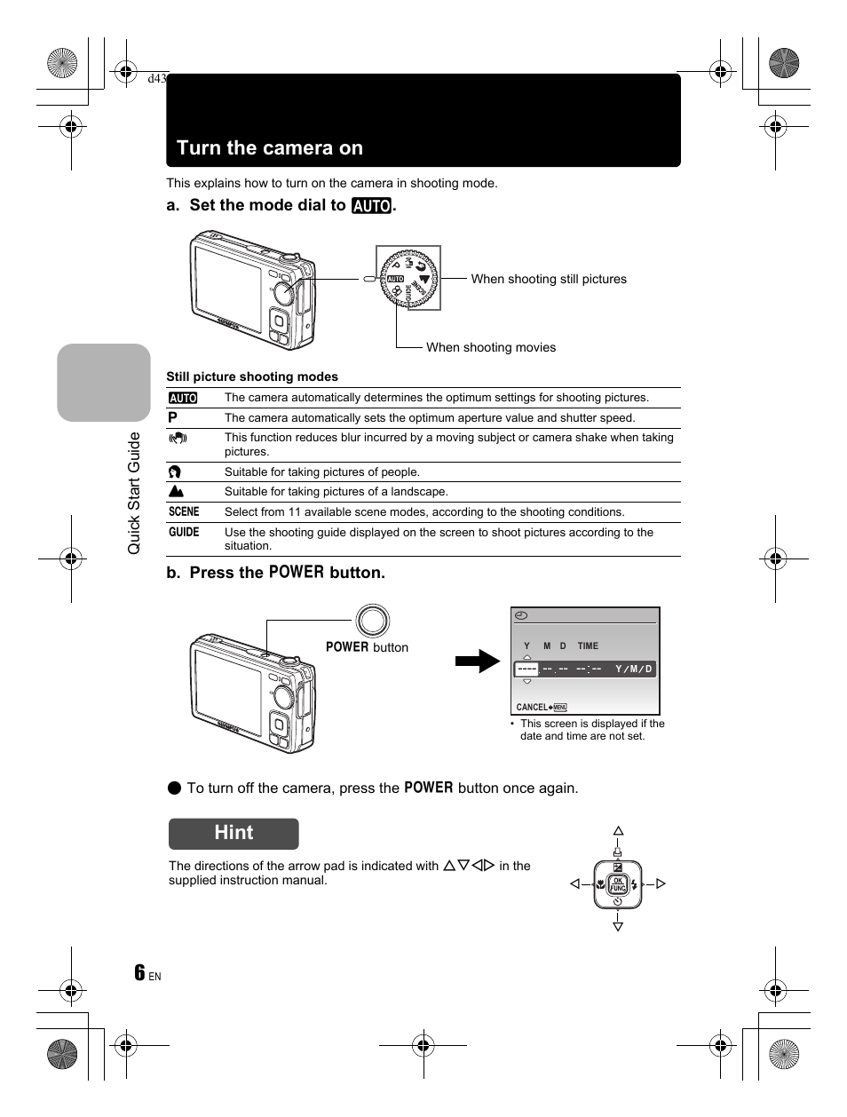 Turn the camera on, Hint, A. set the mode dial to h | B. press the o button, Quick start guide | Olympus FE-350 User Manual | Page 6 / 68