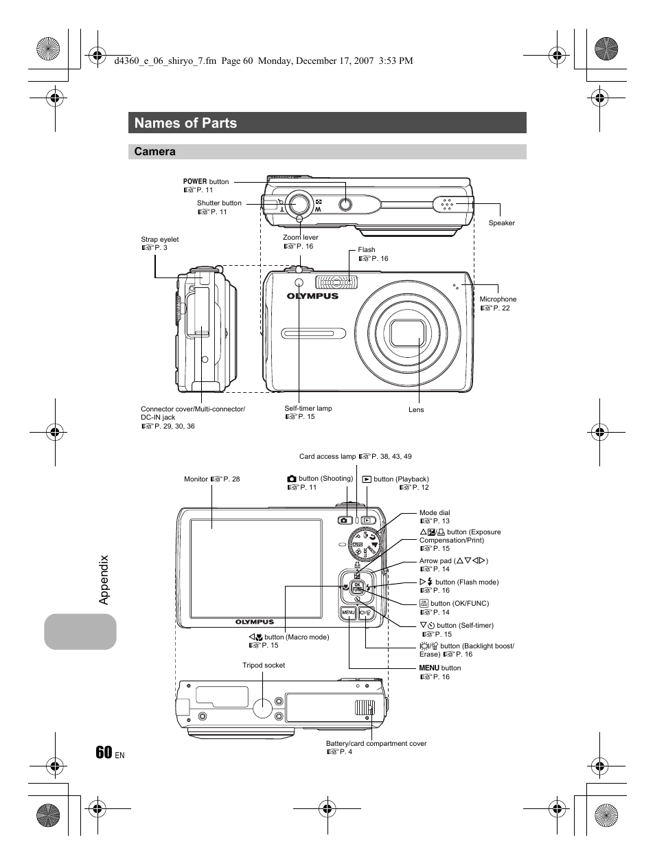 Names of parts, Appendix, Camera | Olympus FE-350 User Manual | Page 60 / 68
