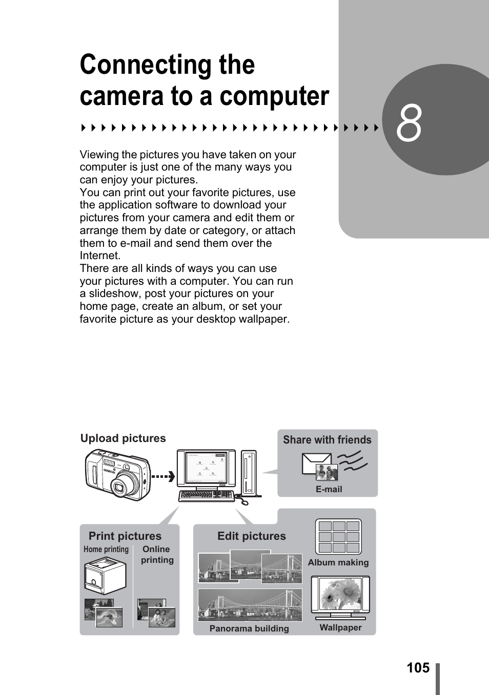8 connecting the camera to a computer, Connecting the camera, To a computer | P. 105, Connecting the camera to a computer | Olympus D-595 Zoom User Manual | Page 105 / 156