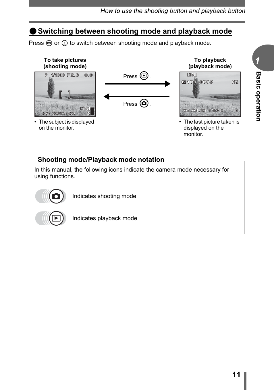 Switching between shooting mode and playback mode, Basi c operation, Shooting mode/playback mode notation | Olympus D-595 Zoom User Manual | Page 11 / 156