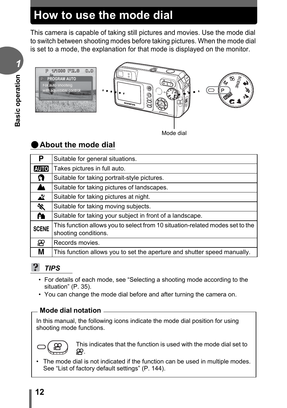 How to use the mode dial, About the mode dial | Olympus D-595 Zoom User Manual | Page 12 / 156