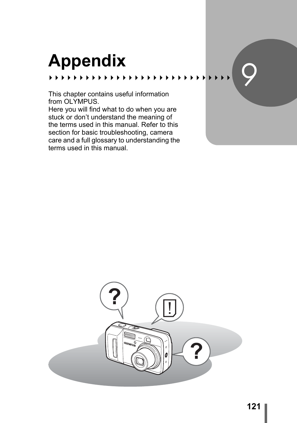 9 appendix, Appendix, P. 121 | Olympus D-595 Zoom User Manual | Page 121 / 156