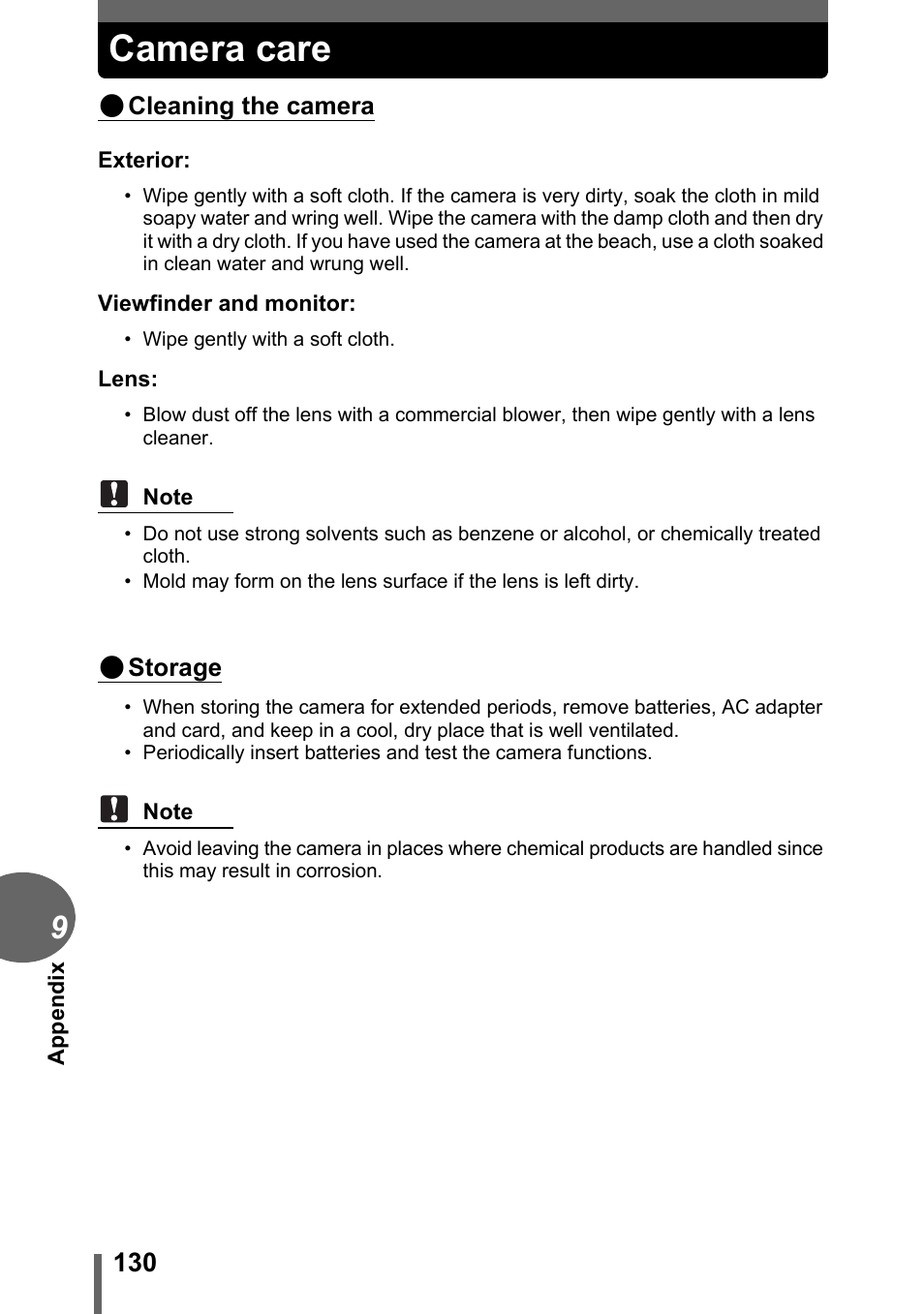 Camera care, P. 130 | Olympus D-595 Zoom User Manual | Page 130 / 156