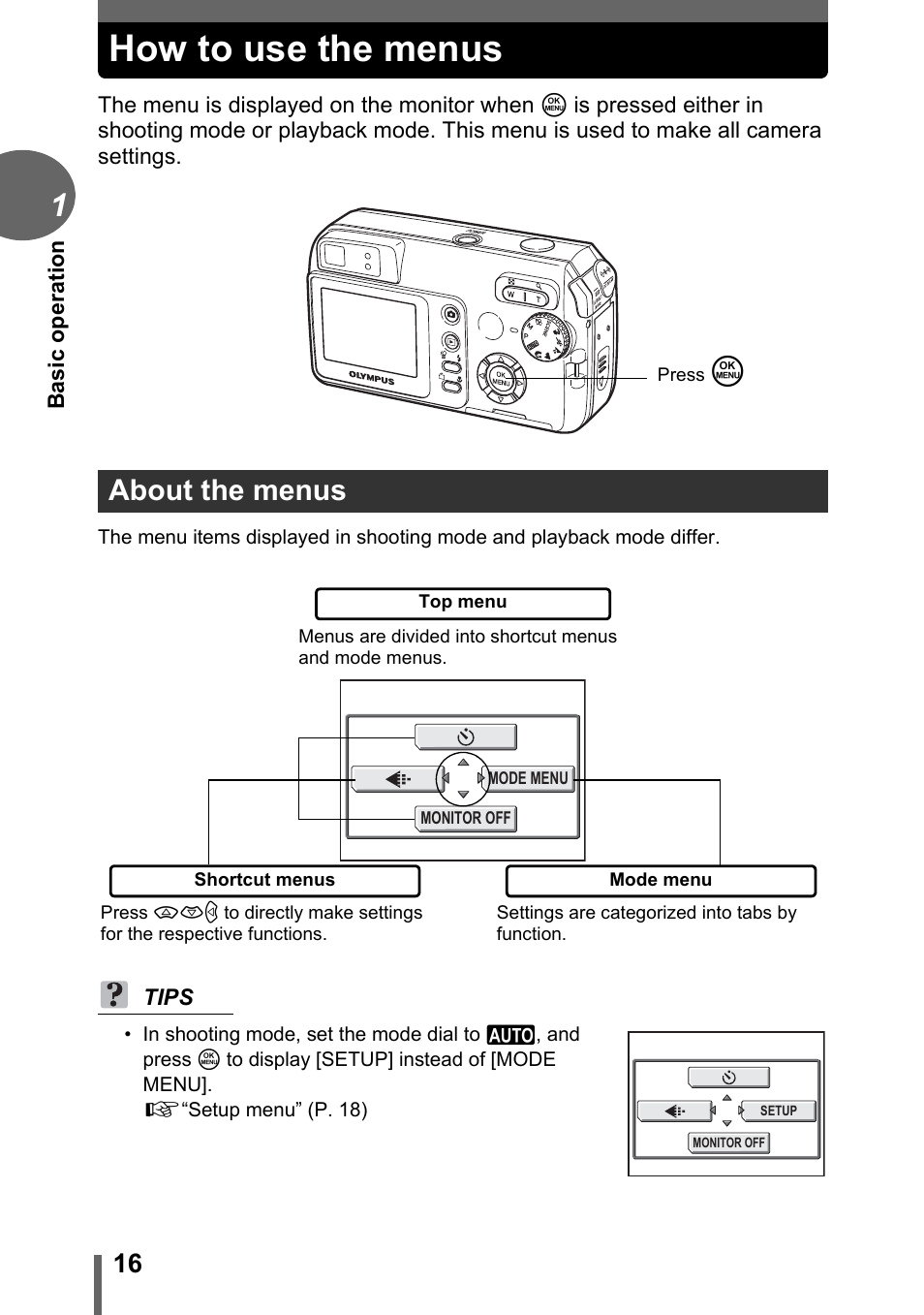 How to use the menus, About the menus | Olympus D-595 Zoom User Manual | Page 16 / 156
