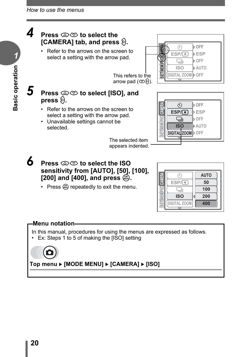 Press ac to select the [camera] tab, and press d, Press ac to select [iso], and press d | Olympus D-595 Zoom User Manual | Page 20 / 156