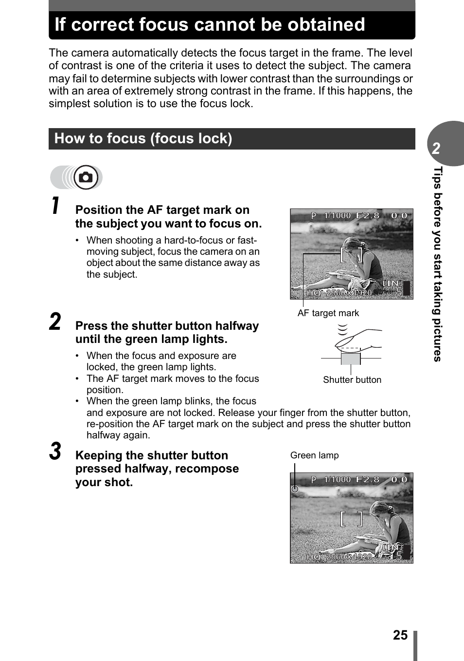 If correct focus cannot be obtained, How to focus (focus lock) | Olympus D-595 Zoom User Manual | Page 25 / 156
