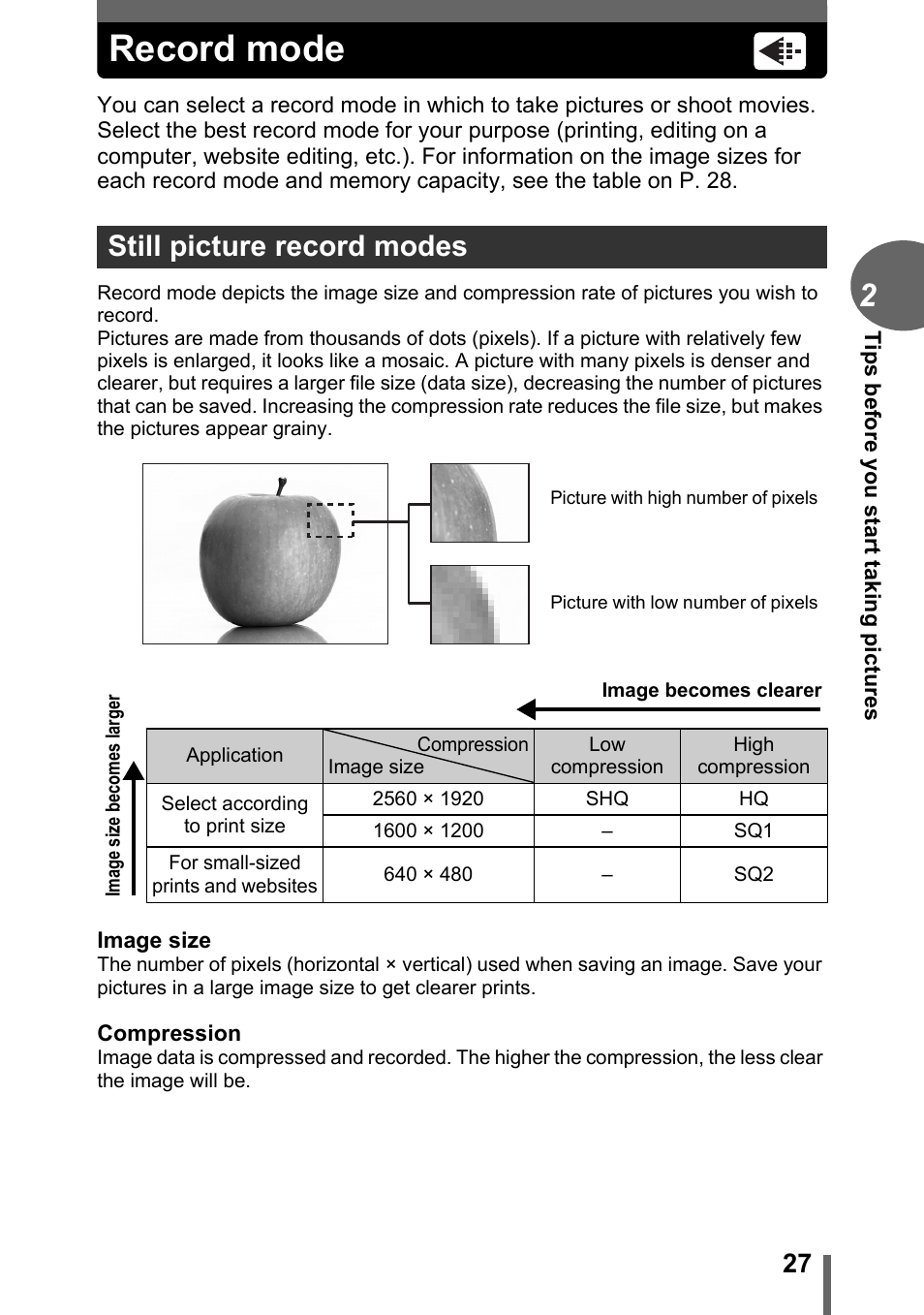 Record mode, Still picture record modes, P. 27 | Gp. 27 | Olympus D-595 Zoom User Manual | Page 27 / 156