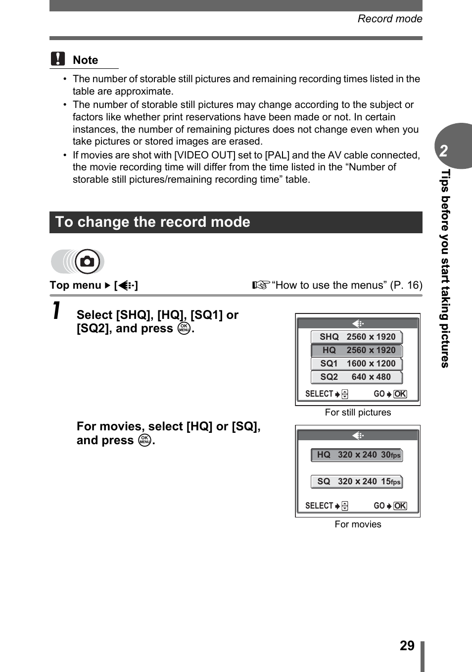 To change the record mode | Olympus D-595 Zoom User Manual | Page 29 / 156
