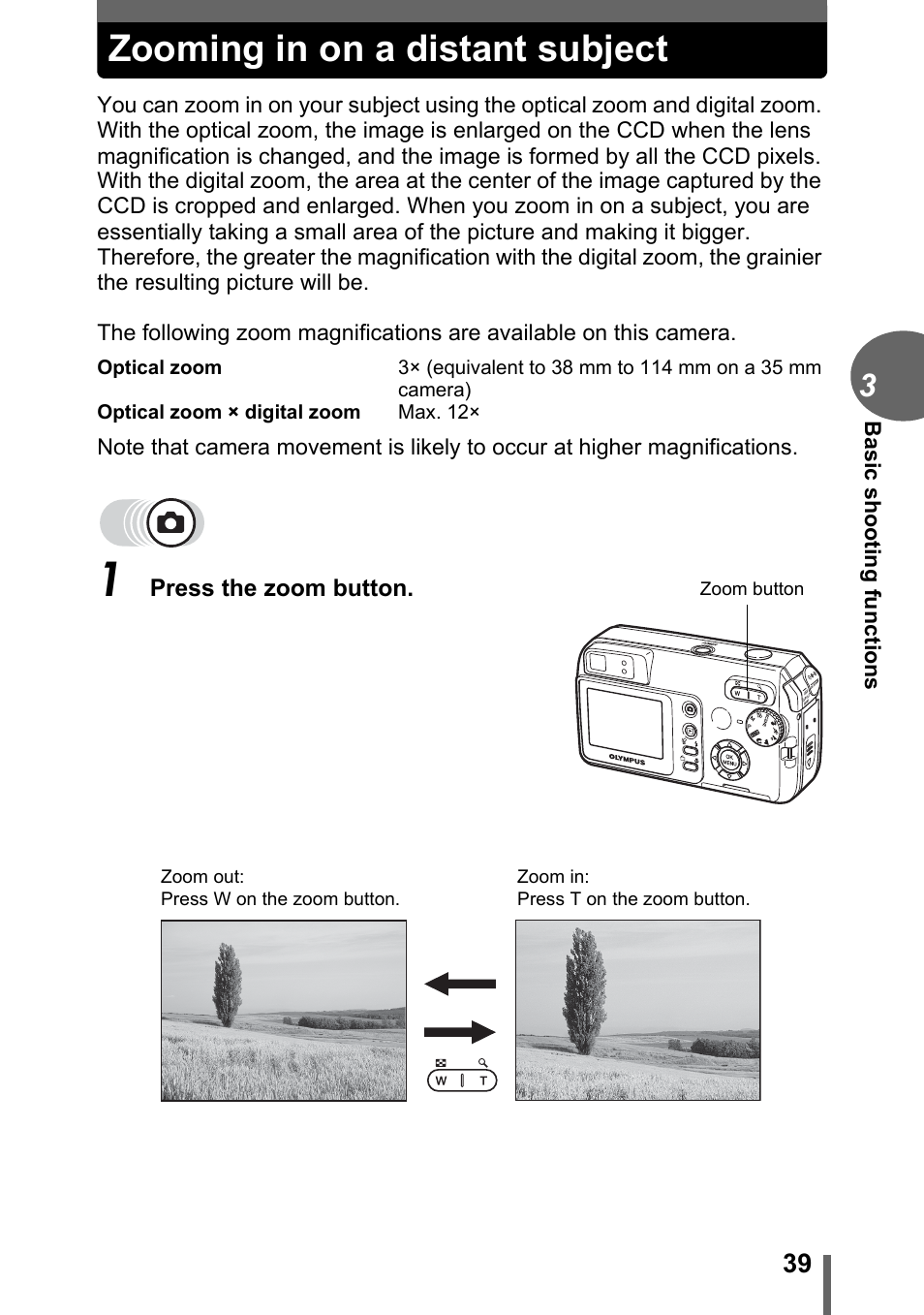 Zooming in on a distant subject, P. 39 | Olympus D-595 Zoom User Manual | Page 39 / 156