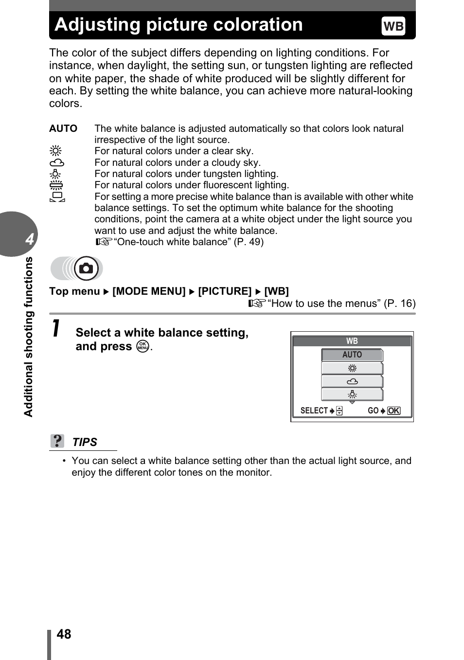 Adjusting picture coloration | Olympus D-595 Zoom User Manual | Page 48 / 156